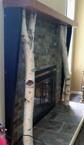 Birch logs supporting fireplace mantle