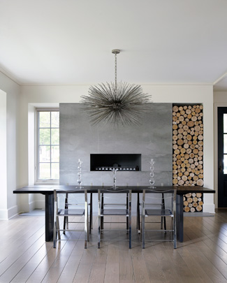 Stainless Steel Fireplace with Stacked Birch Logs